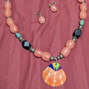 Vintage Colorful Shell Pendant Necklace and Earring Set